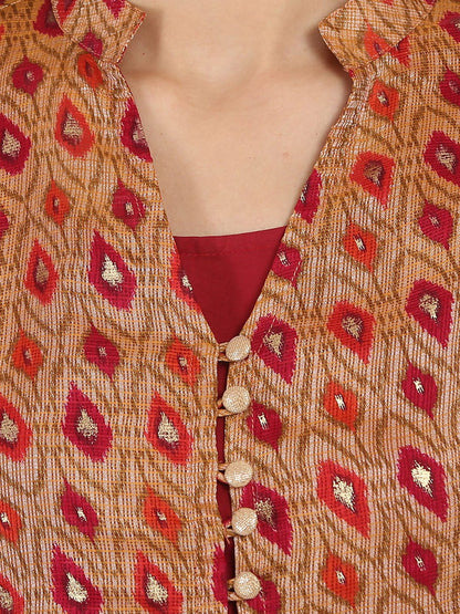 Red Printed 3/4Th Sleeve Chandri Double Layer Kurta | LASVINI - Redefining Indian Fashion with Elegance