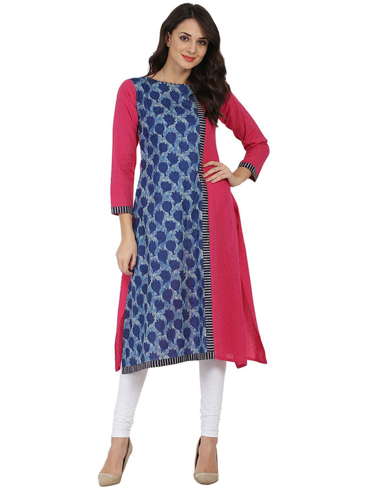 Blue & Pink Printed 3/4Th Sleeve Cotton Kurta | LASVINI - Redefining Indian Fashion with Elegance
