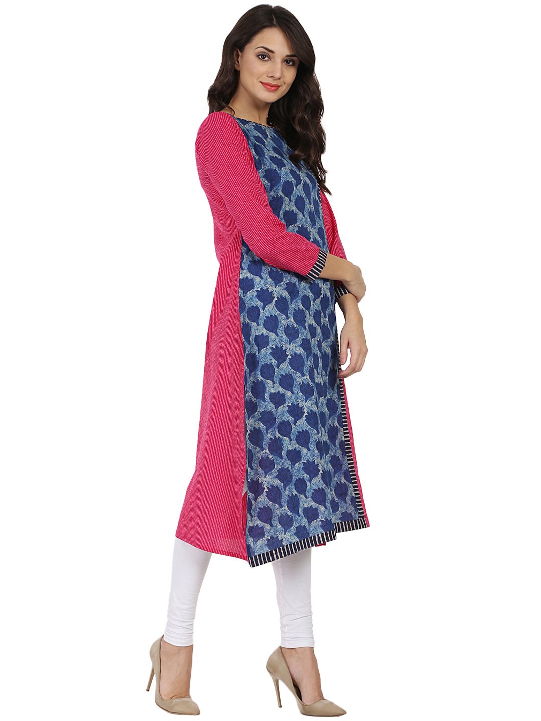 Blue & Pink Printed 3/4Th Sleeve Cotton Kurta | LASVINI - Redefining Indian Fashion with Elegance