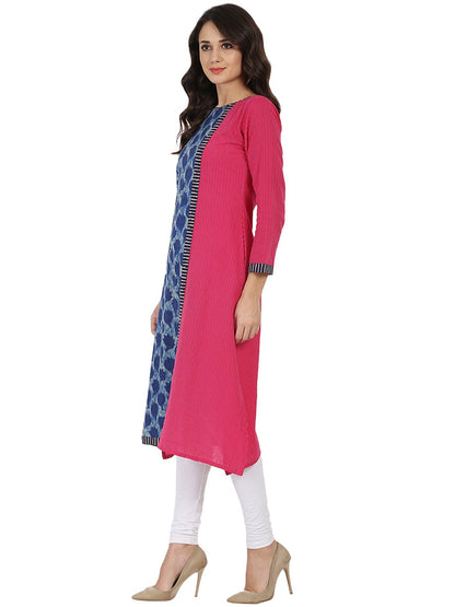 Blue & Pink Printed 3/4Th Sleeve Cotton Kurta | LASVINI - Redefining Indian Fashion with Elegance