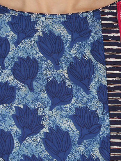 Blue & Pink Printed 3/4Th Sleeve Cotton Kurta | LASVINI - Redefining Indian Fashion with Elegance