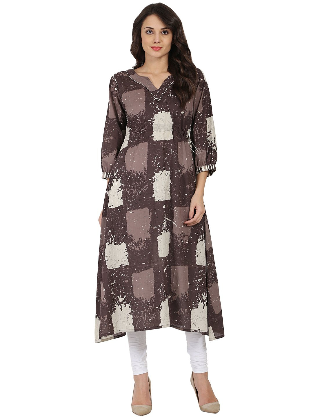 Taupe Printed 3/4Th Sleeve Cotton Anarkali Kurta | LASVINI - Redefining Indian Fashion with Elegance