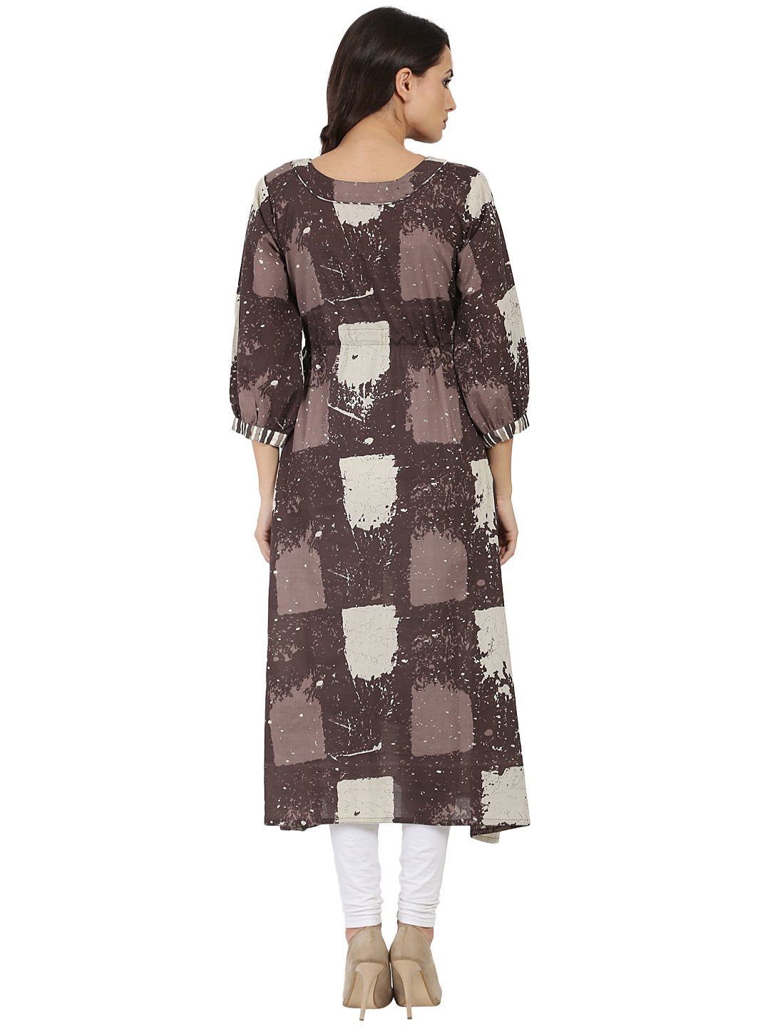 Taupe Printed 3/4Th Sleeve Cotton Anarkali Kurta | LASVINI - Redefining Indian Fashion with Elegance