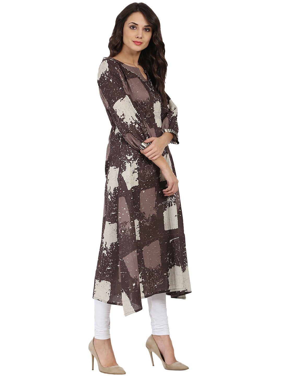 Taupe Printed 3/4Th Sleeve Cotton Anarkali Kurta | LASVINI - Redefining Indian Fashion with Elegance