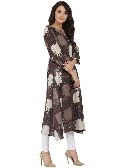 Taupe Printed 3/4Th Sleeve Cotton Anarkali Kurta | LASVINI - Redefining Indian Fashion with Elegance