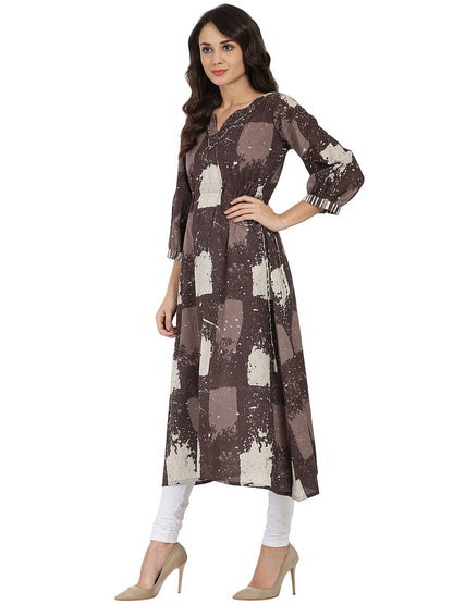 Taupe Printed 3/4Th Sleeve Cotton Anarkali Kurta | LASVINI - Redefining Indian Fashion with Elegance