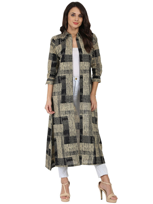 Beige & Black Printed 3/4Th Sleeve Cotton Cape Kurta With Front Open | LASVINI - Redefining Indian Fashion with Elegance