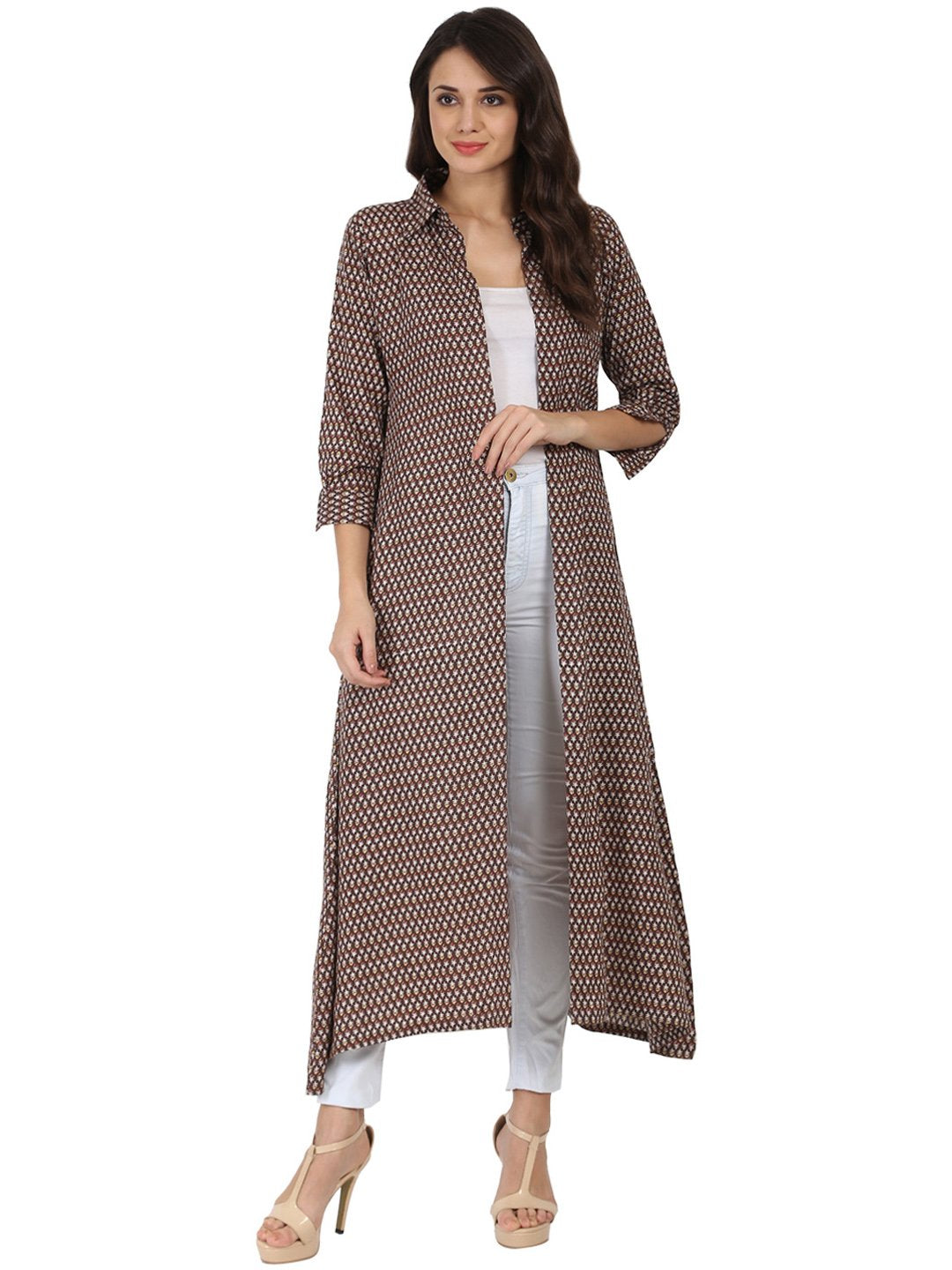 Brown Printed 3/4Th Sleeve Cotton Kurta With Front Open | LASVINI - Redefining Indian Fashion with Elegance