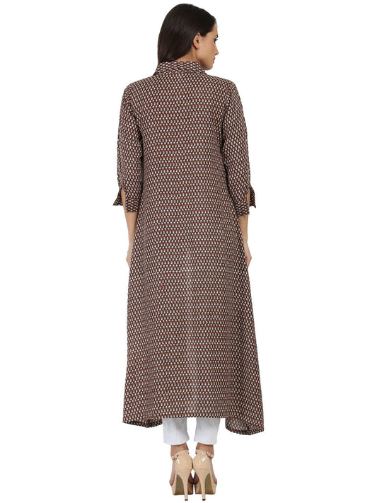 Brown Printed 3/4Th Sleeve Cotton Kurta With Front Open | LASVINI - Redefining Indian Fashion with Elegance