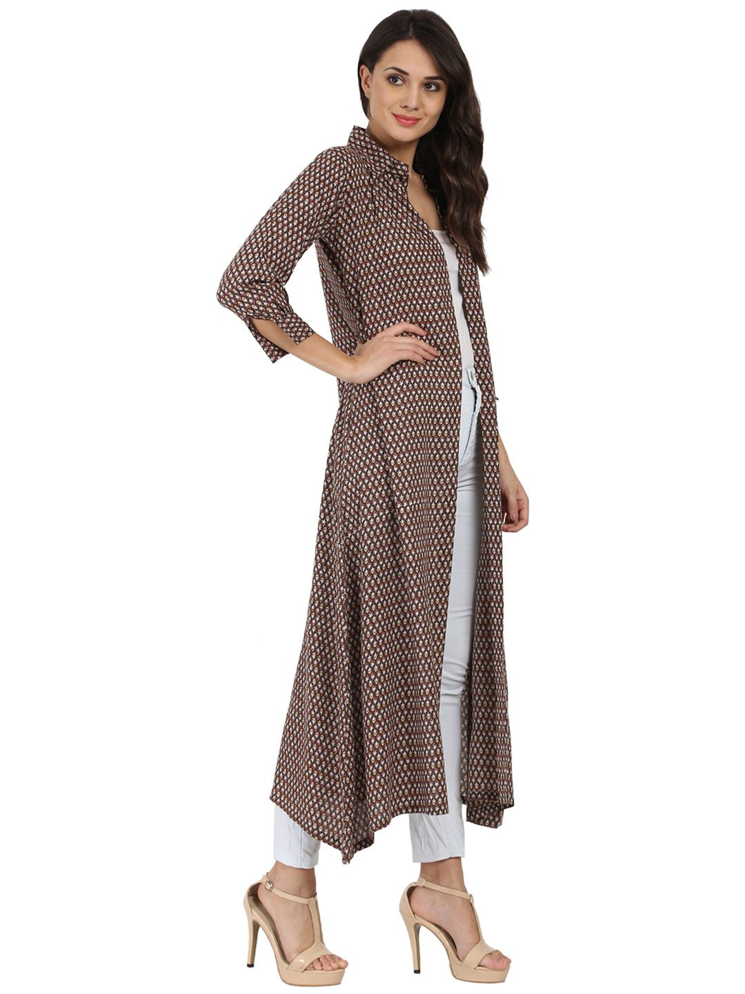Brown Printed 3/4Th Sleeve Cotton Kurta With Front Open | LASVINI - Redefining Indian Fashion with Elegance