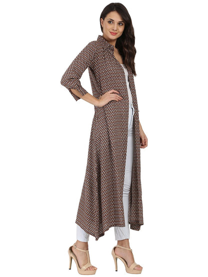 Brown Printed 3/4Th Sleeve Cotton Kurta With Front Open | LASVINI - Redefining Indian Fashion with Elegance