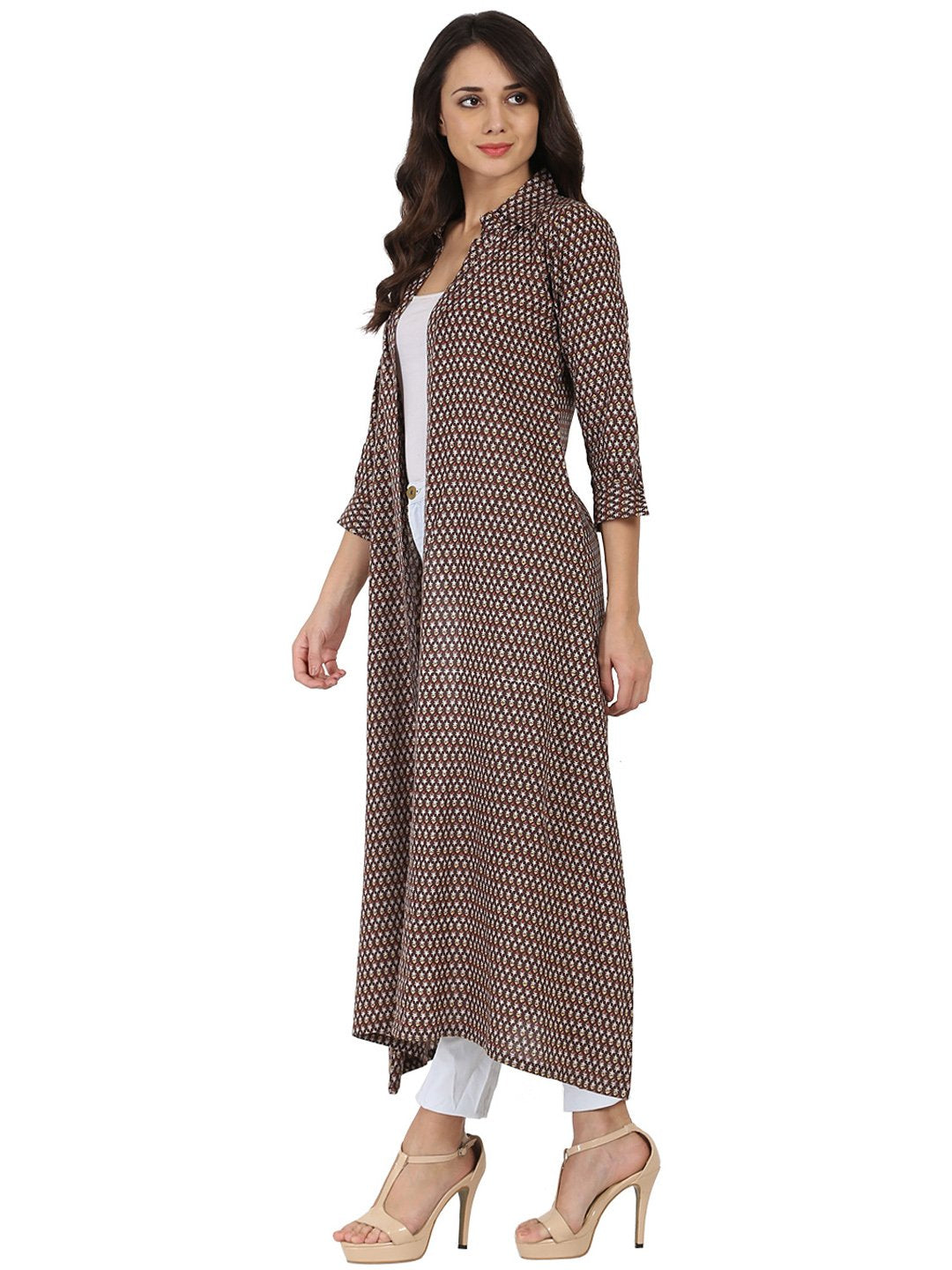 Brown Printed 3/4Th Sleeve Cotton Kurta With Front Open | LASVINI - Redefining Indian Fashion with Elegance