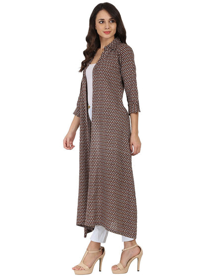 Brown Printed 3/4Th Sleeve Cotton Kurta With Front Open | LASVINI - Redefining Indian Fashion with Elegance