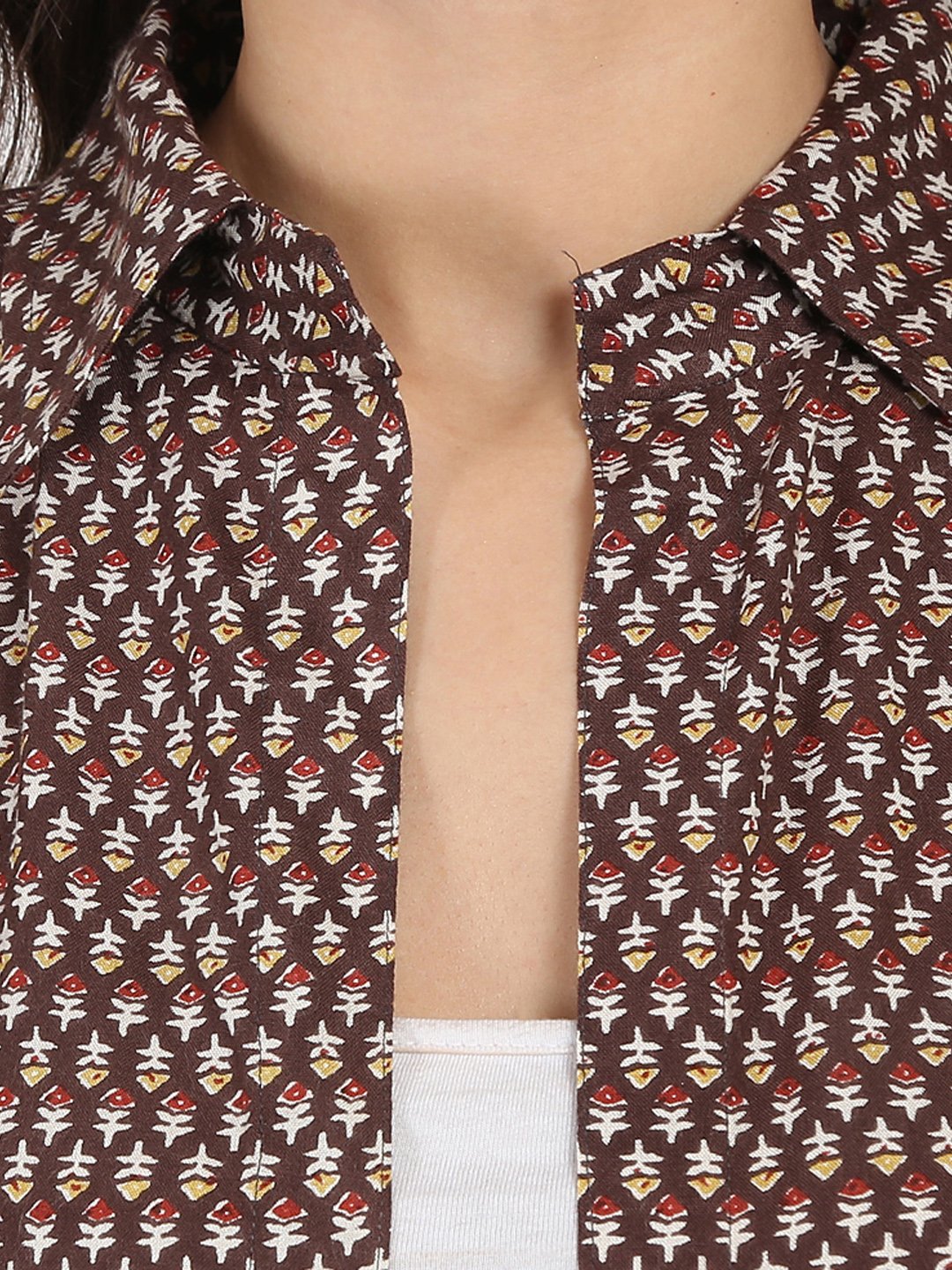 Brown Printed 3/4Th Sleeve Cotton Kurta With Front Open | LASVINI - Redefining Indian Fashion with Elegance