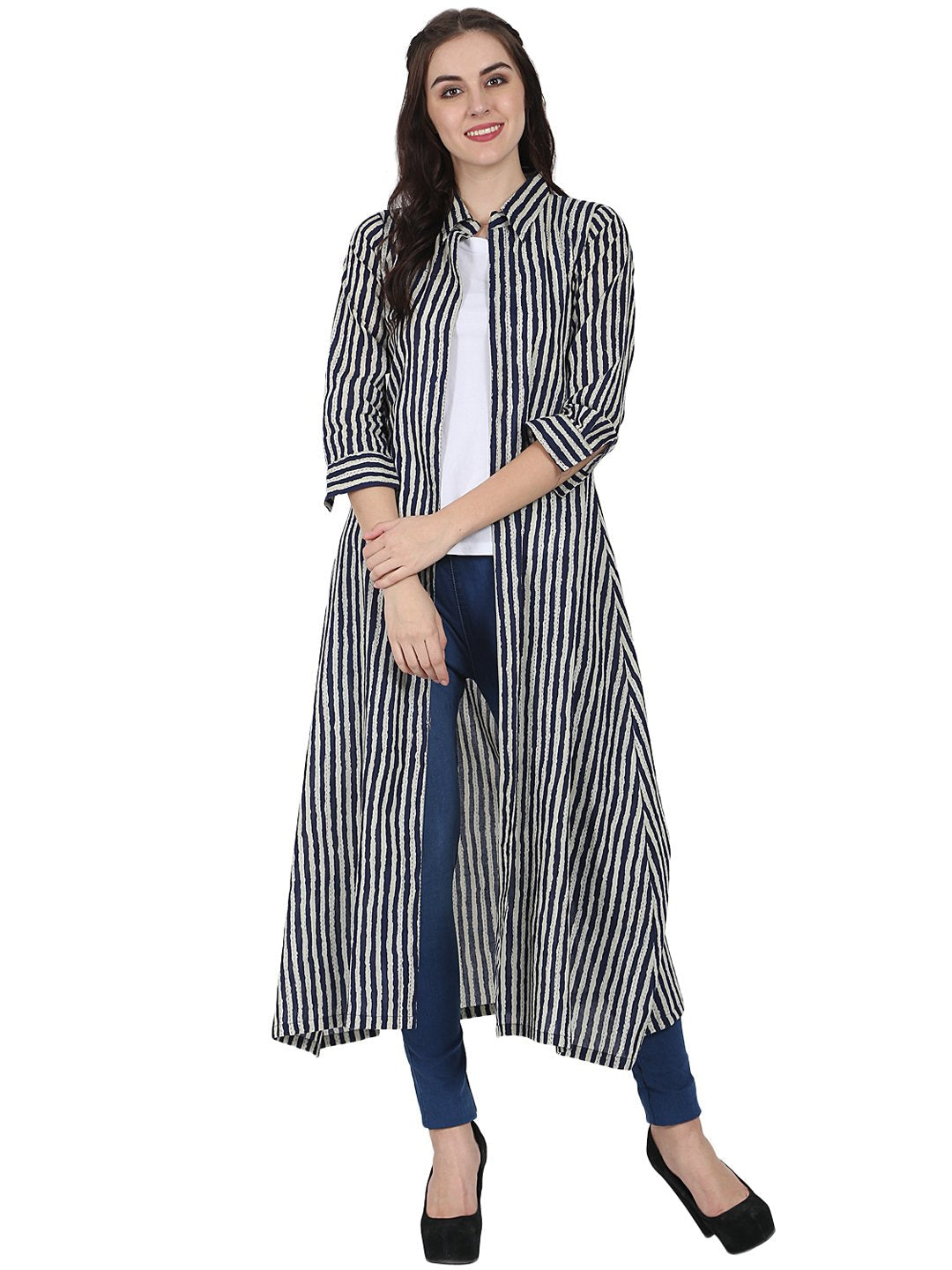 Blue Printed 3/4Th Sleeve Cotton Kurta With Front Open | LASVINI - Redefining Indian Fashion with Elegance