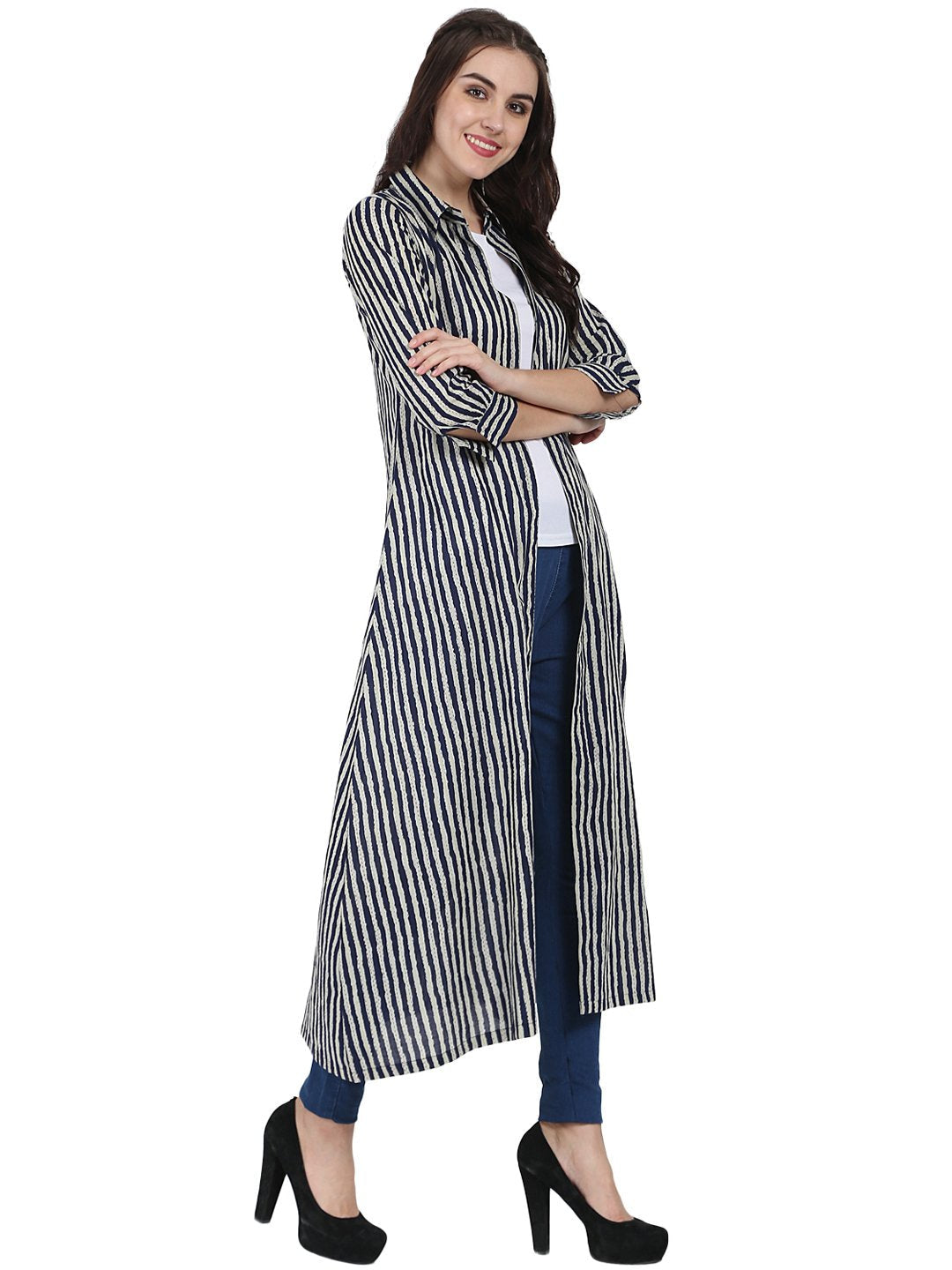 Blue Printed 3/4Th Sleeve Cotton Kurta With Front Open | LASVINI - Redefining Indian Fashion with Elegance