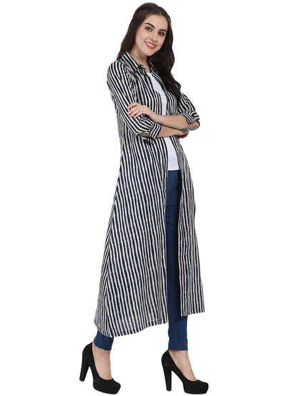 Blue Printed 3/4Th Sleeve Cotton Kurta With Front Open | LASVINI - Redefining Indian Fashion with Elegance