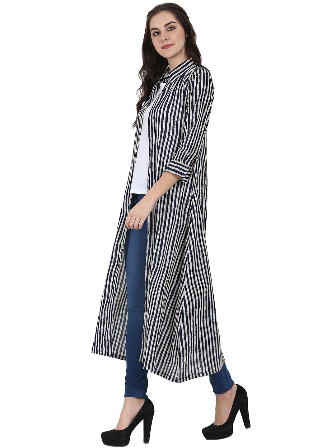 Blue Printed 3/4Th Sleeve Cotton Kurta With Front Open | LASVINI - Redefining Indian Fashion with Elegance