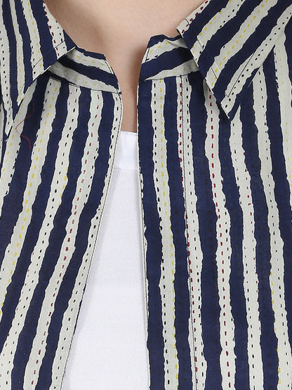 Blue Printed 3/4Th Sleeve Cotton Kurta With Front Open | LASVINI - Redefining Indian Fashion with Elegance