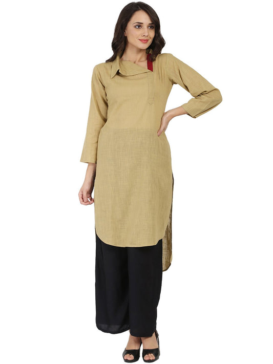 Beige 3/4Th Sleeve Cotton Slub Straight Kurta | LASVINI - Redefining Indian Fashion with Elegance