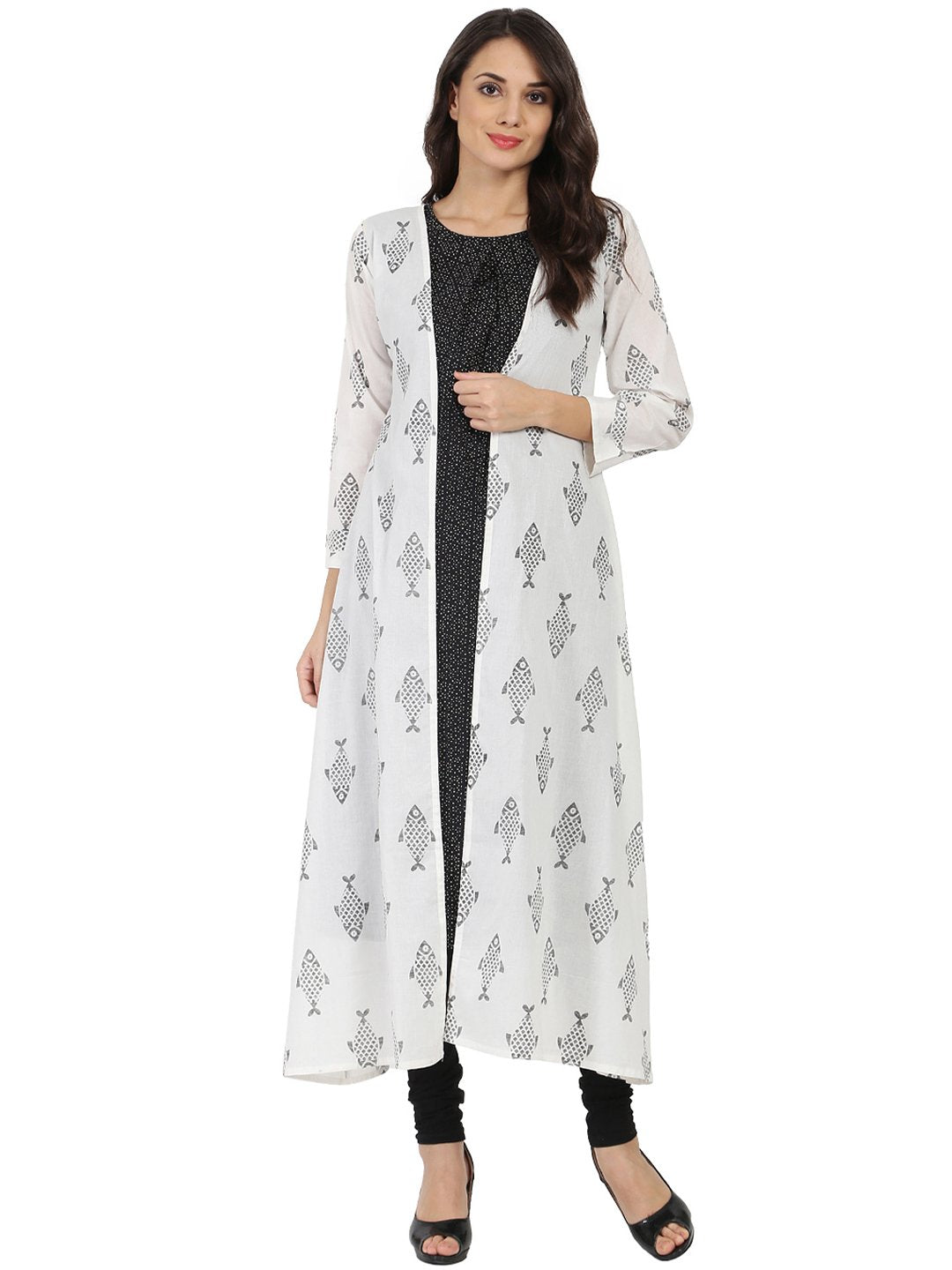 Dark Grey Sleevelss Cotton A-Line Kurta With White Printed Long Jacket Open At Front | LASVINI - Redefining Indian Fashion with Elegance