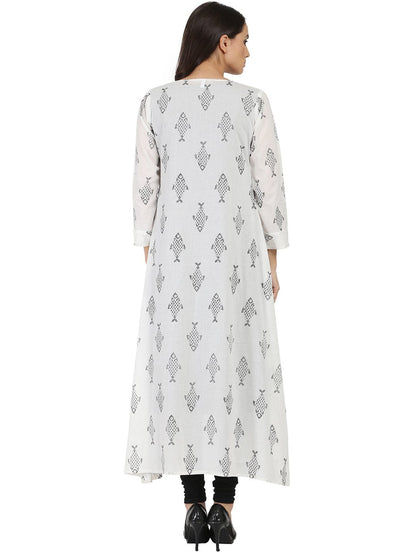 Dark Grey Sleevelss Cotton A-Line Kurta With White Printed Long Jacket Open At Front | LASVINI - Redefining Indian Fashion with Elegance