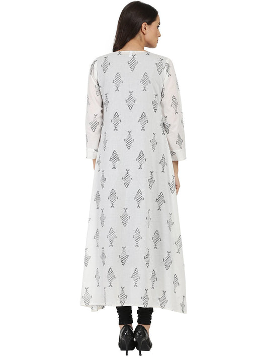 Dark Grey Sleevelss Cotton A-Line Kurta With White Printed Long Jacket Open At Front | LASVINI - Redefining Indian Fashion with Elegance