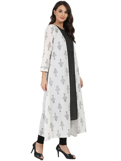 Dark Grey Sleevelss Cotton A-Line Kurta With White Printed Long Jacket Open At Front | LASVINI - Redefining Indian Fashion with Elegance