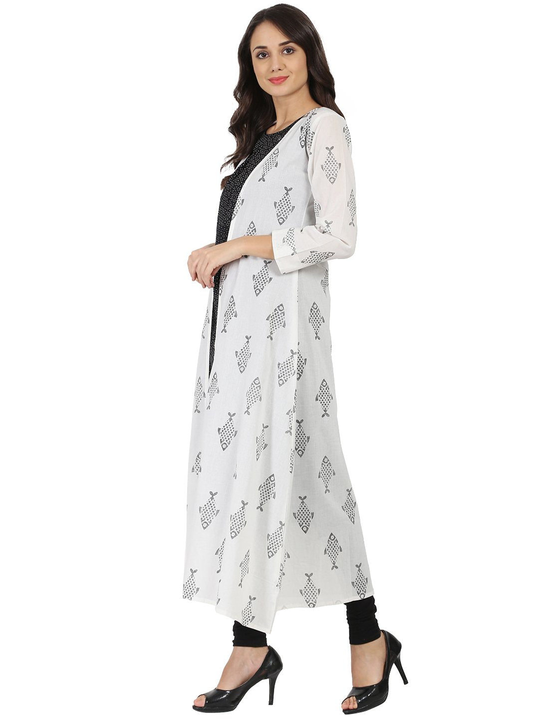 Dark Grey Sleevelss Cotton A-Line Kurta With White Printed Long Jacket Open At Front | LASVINI - Redefining Indian Fashion with Elegance
