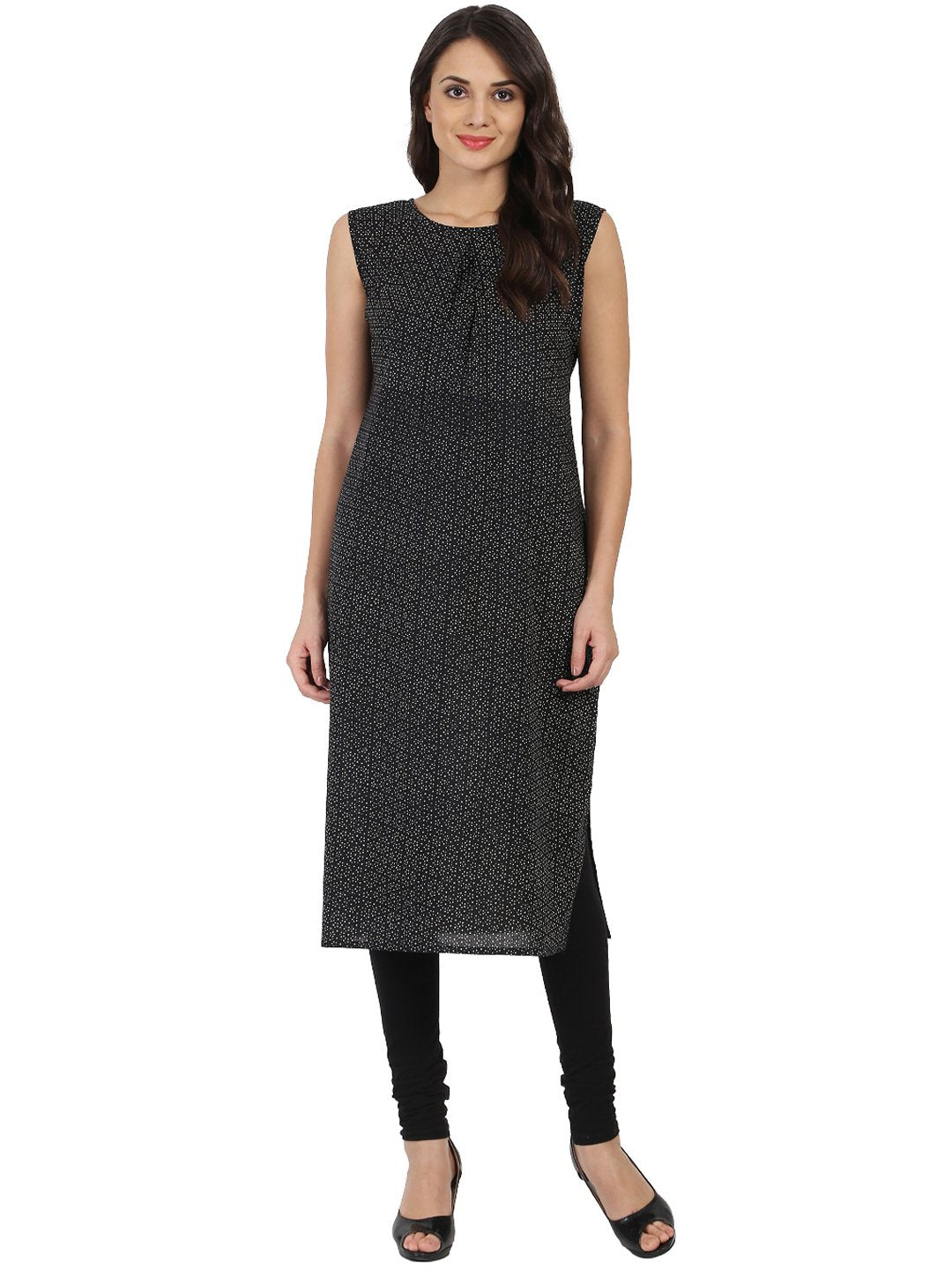 Dark Grey Sleevelss Cotton A-Line Kurta With White Printed Long Jacket Open At Front | LASVINI - Redefining Indian Fashion with Elegance