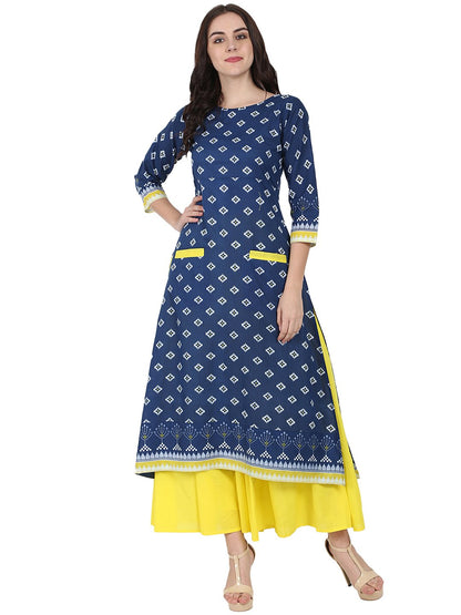 Blue Printed 3/4Th Sleeve Cotton Double Pocket Kurta With Yellow Flared Ankle Length Skirt | LASVINI - Redefining Indian Fashion with Elegance