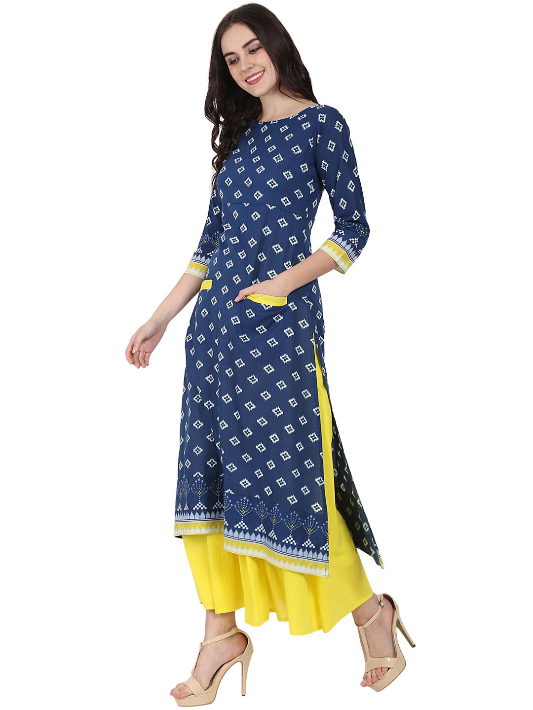 Blue Printed 3/4Th Sleeve Cotton Double Pocket Kurta With Yellow Flared Ankle Length Skirt | LASVINI - Redefining Indian Fashion with Elegance