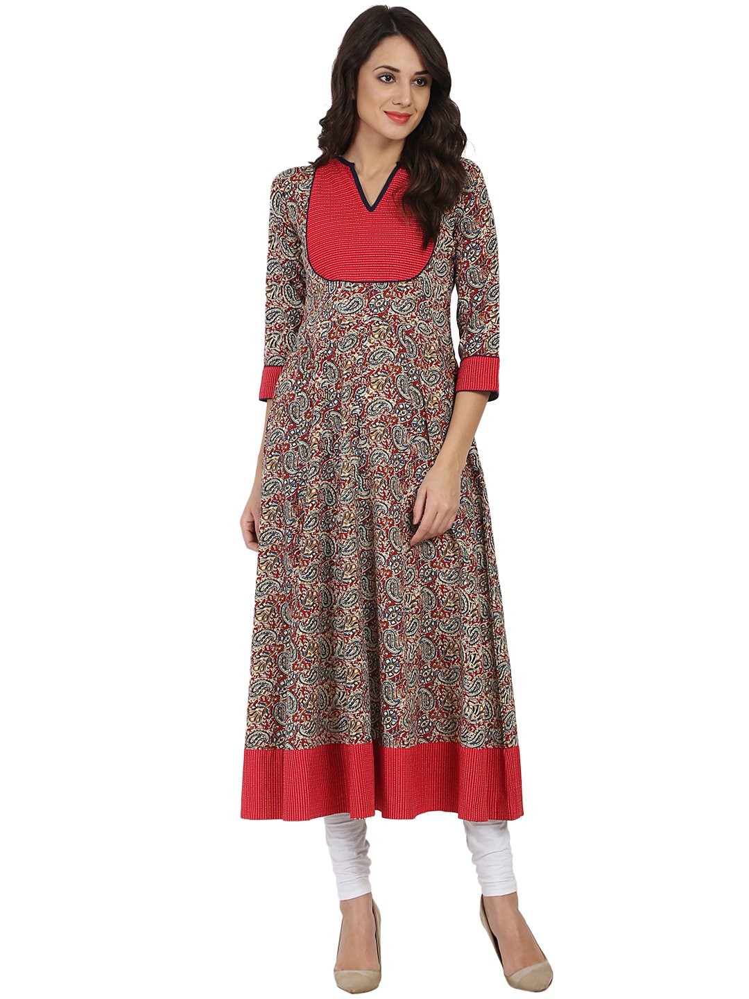 Women Multi Color 3/4Th Sleeve Cotton Anarkali Kurta | LASVINI - Redefining Indian Fashion with Elegance