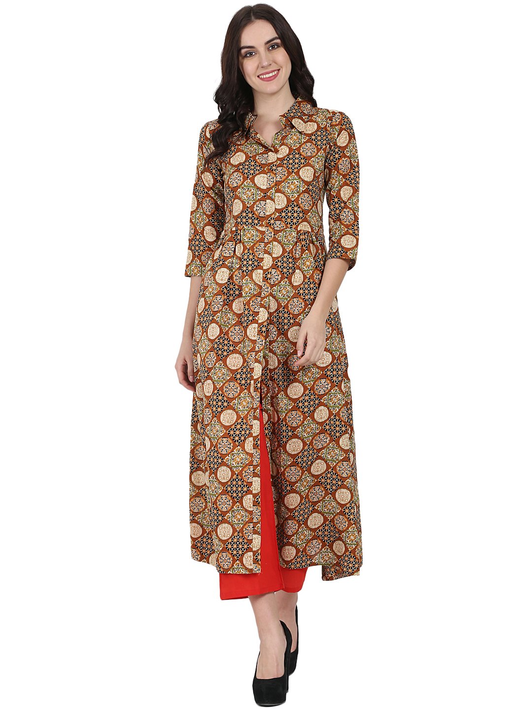 Rust Printed 3/4Th Sleeve Cotton A-Line Kurta With Red Tulip Pant | LASVINI - Redefining Indian Fashion with Elegance