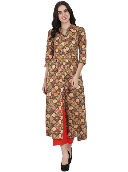 Rust Printed 3/4Th Sleeve Cotton A-Line Kurta With Red Tulip Pant | LASVINI - Redefining Indian Fashion with Elegance