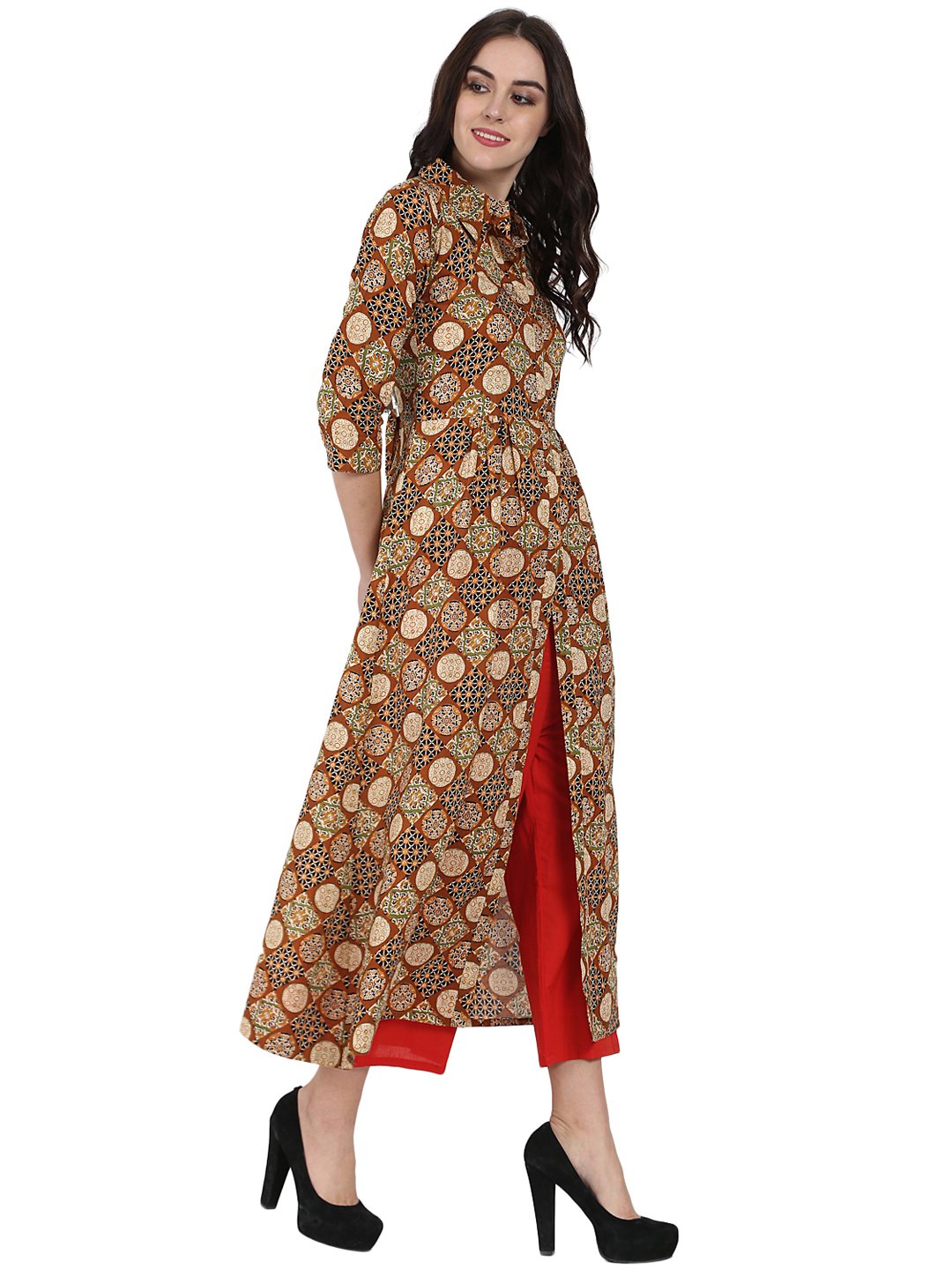Rust Printed 3/4Th Sleeve Cotton A-Line Kurta With Red Tulip Pant | LASVINI - Redefining Indian Fashion with Elegance