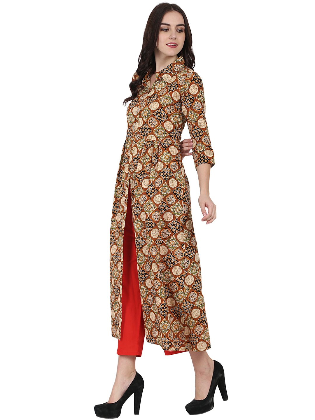 Rust Printed 3/4Th Sleeve Cotton A-Line Kurta With Red Tulip Pant | LASVINI - Redefining Indian Fashion with Elegance