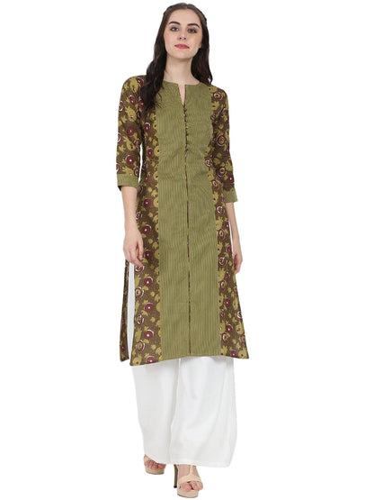 Green Printed 3/4Th Sleeve Cotton Kurta | LASVINI - Redefining Indian Fashion with Elegance
