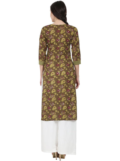 Green Printed 3/4Th Sleeve Cotton Kurta | LASVINI - Redefining Indian Fashion with Elegance
