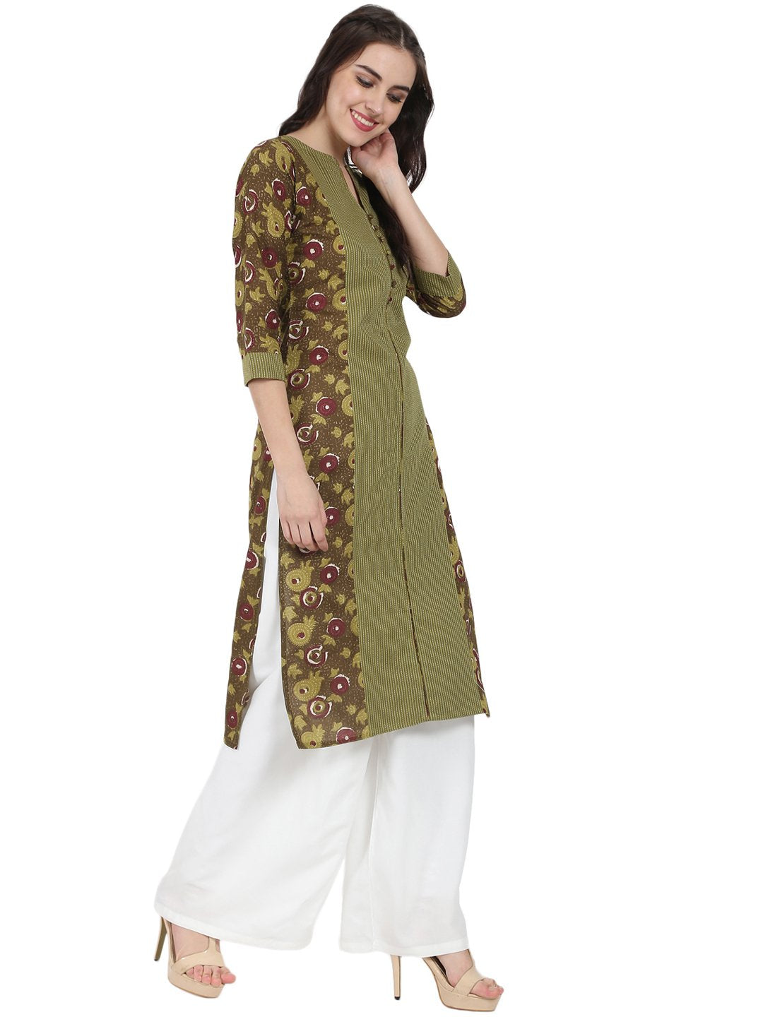 Green Printed 3/4Th Sleeve Cotton Kurta | LASVINI - Redefining Indian Fashion with Elegance