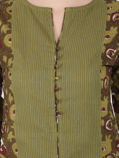 Green Printed 3/4Th Sleeve Cotton Kurta | LASVINI - Redefining Indian Fashion with Elegance