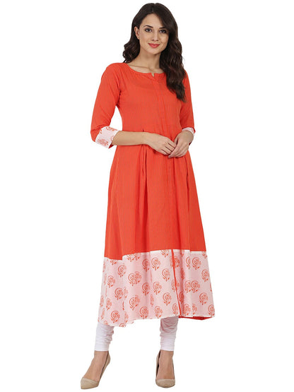 Orange Printed 3/4Th Slevee Cotton Anarkali Kurta | LASVINI - Redefining Indian Fashion with Elegance