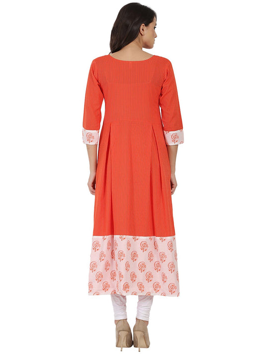 Orange Printed 3/4Th Slevee Cotton Anarkali Kurta | LASVINI - Redefining Indian Fashion with Elegance