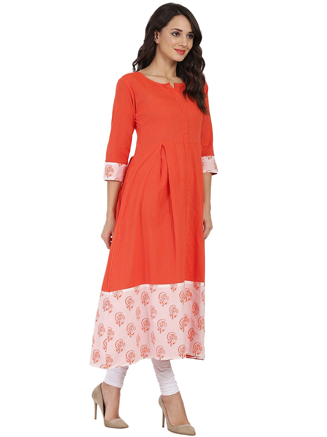Orange Printed 3/4Th Slevee Cotton Anarkali Kurta | LASVINI - Redefining Indian Fashion with Elegance