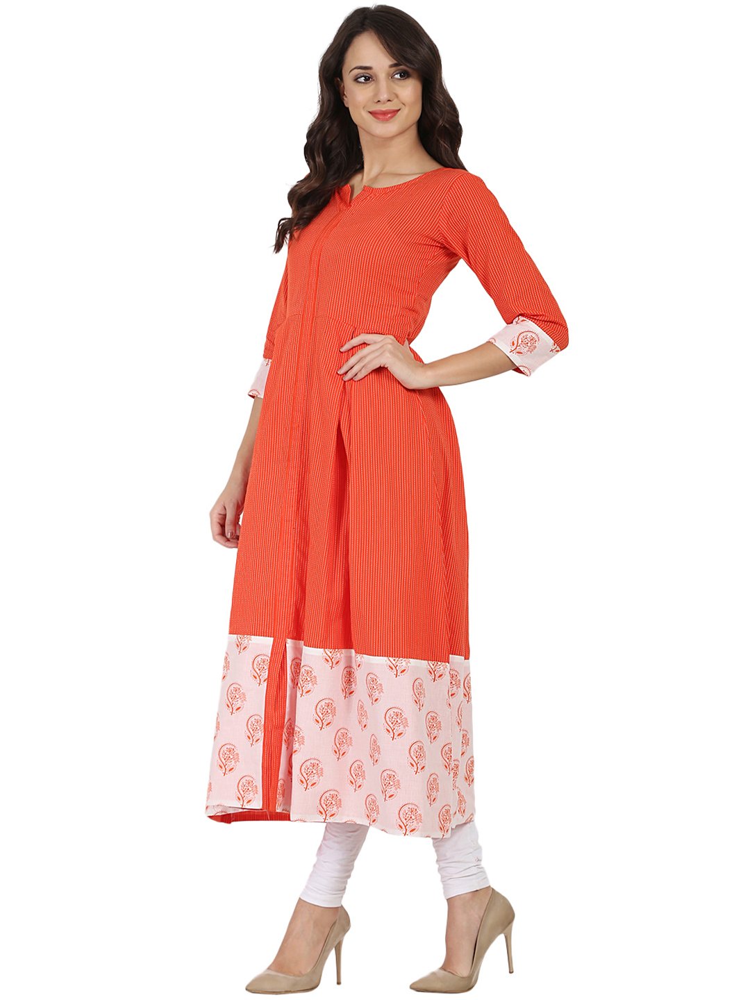 Orange Printed 3/4Th Slevee Cotton Anarkali Kurta | LASVINI - Redefining Indian Fashion with Elegance