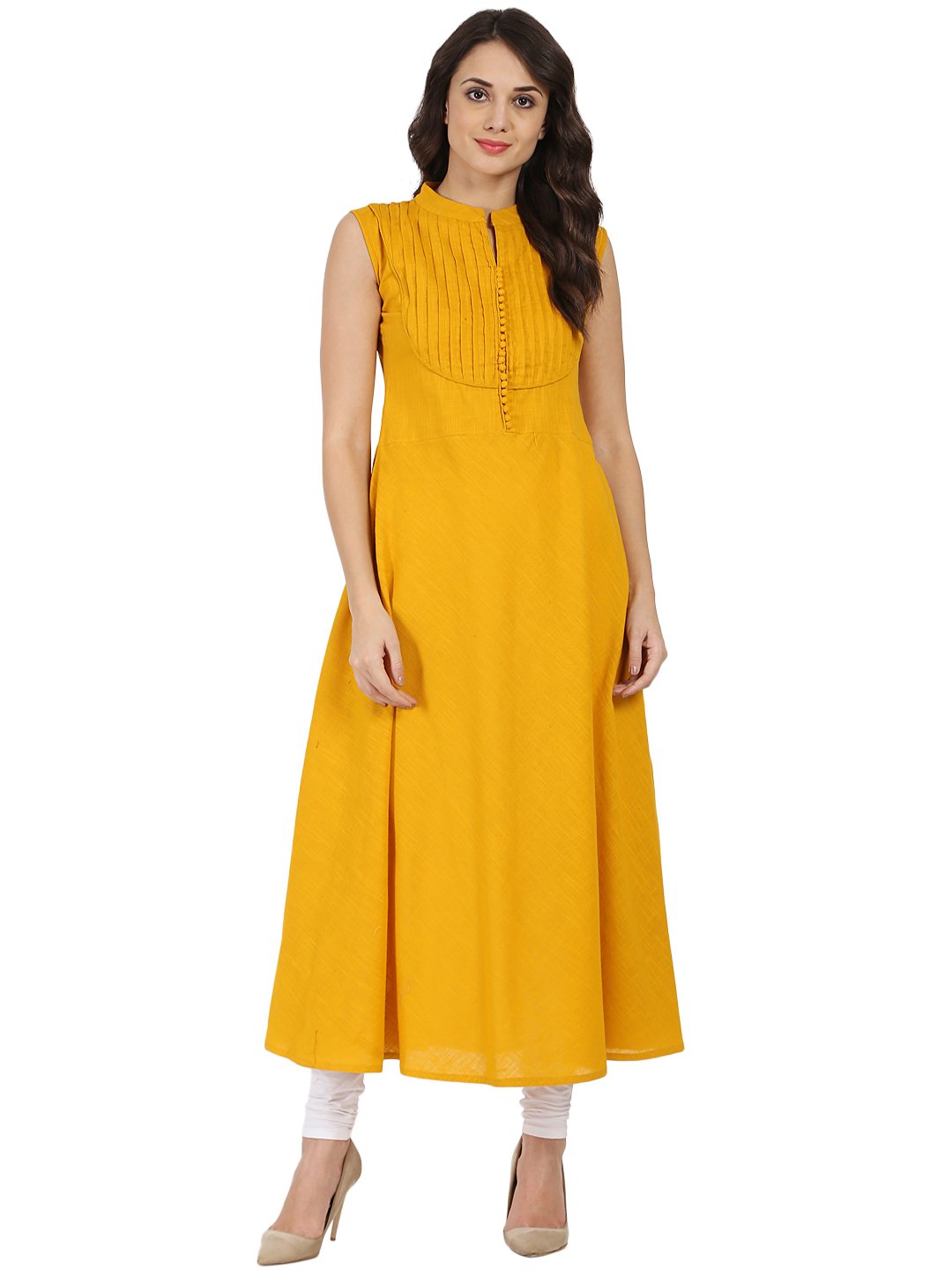 Mustard Sleeveless Cotton Slub A-Line Kurta | LASVINI - Redefining Indian Fashion with Elegance