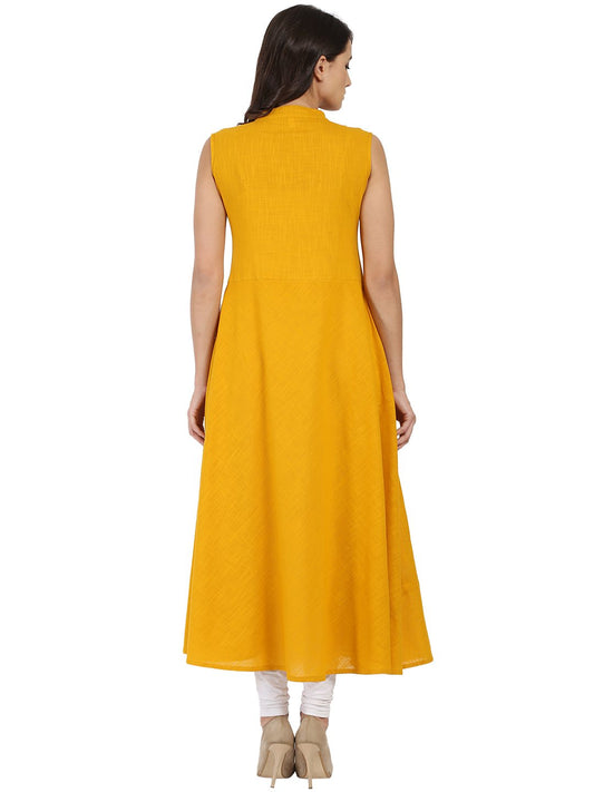 Mustard Sleeveless Cotton Slub A-Line Kurta | LASVINI - Redefining Indian Fashion with Elegance