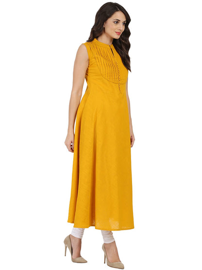 Mustard Sleeveless Cotton Slub A-Line Kurta | LASVINI - Redefining Indian Fashion with Elegance