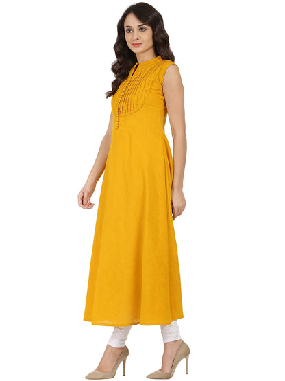 Mustard Sleeveless Cotton Slub A-Line Kurta | LASVINI - Redefining Indian Fashion with Elegance