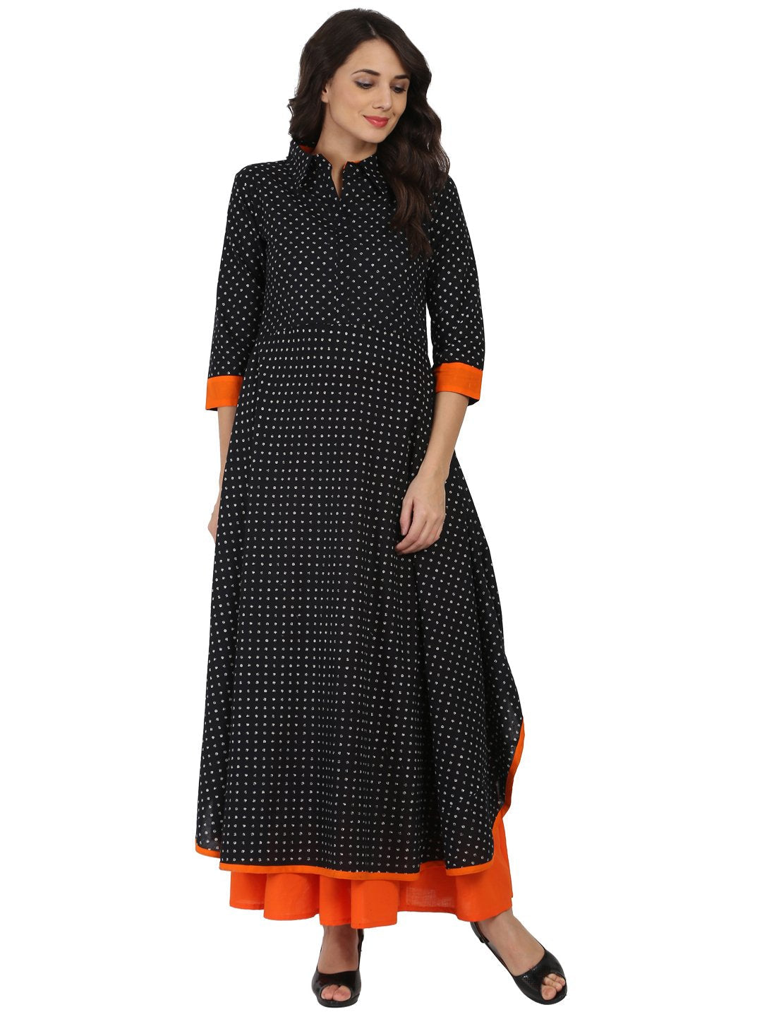 Black Printed 3/4Th Sleeve Pathani Shape Kurta | LASVINI - Redefining Indian Fashion with Elegance